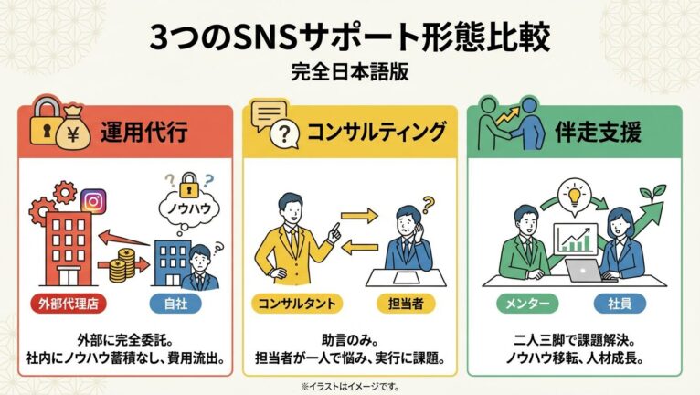 SNS運用の「伴走支援」とは?代行・コンサルとの違いから、完全内製化(自走)までの完全ロードマップ